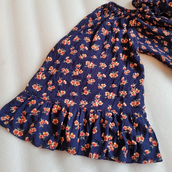 Boho Bell Sleeves Smocked Floral Print Top Ruffle Cottagecore Navy Blue XL - Picture 8 of 13